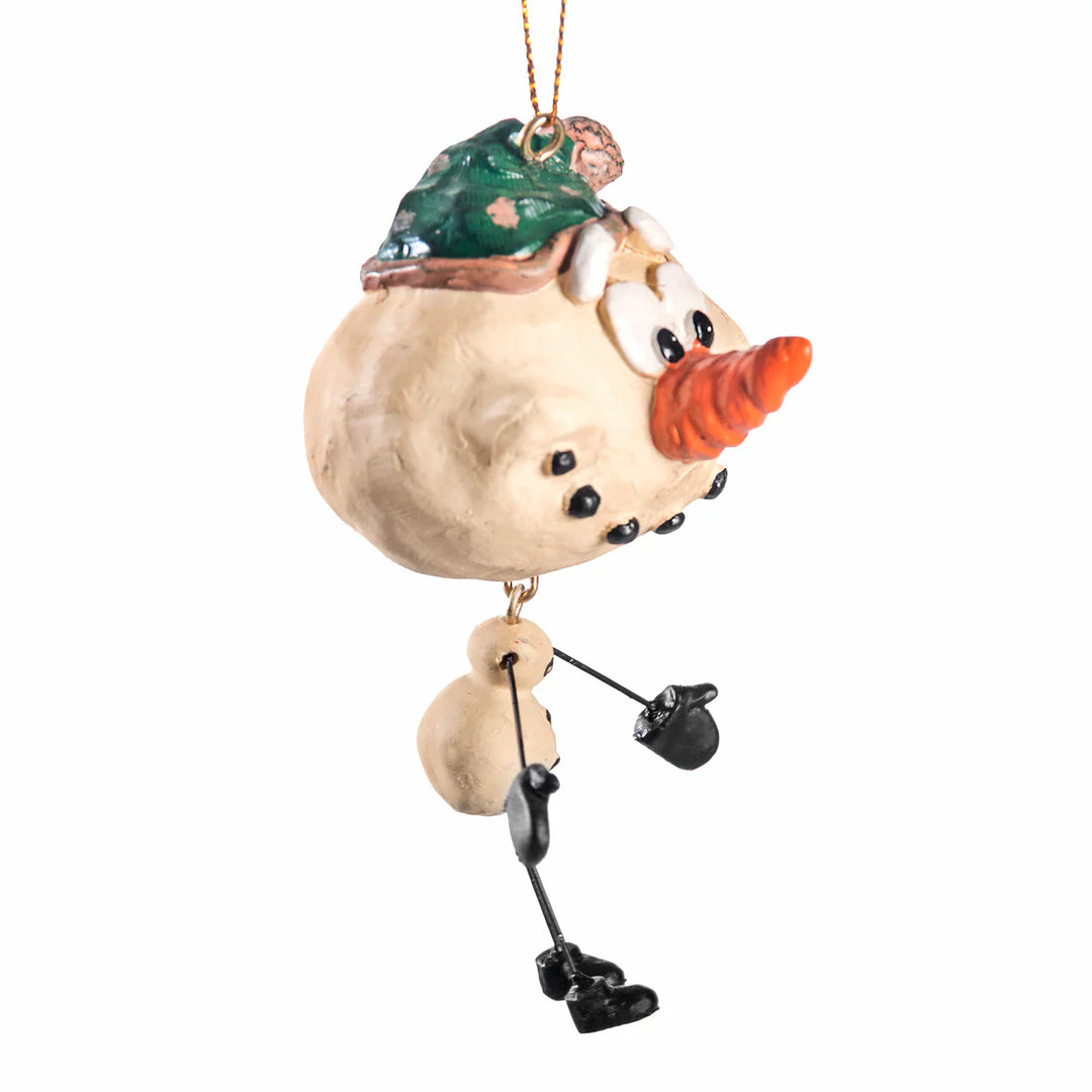 Decorative snowman ornament with a green hat and orange nose on a white background