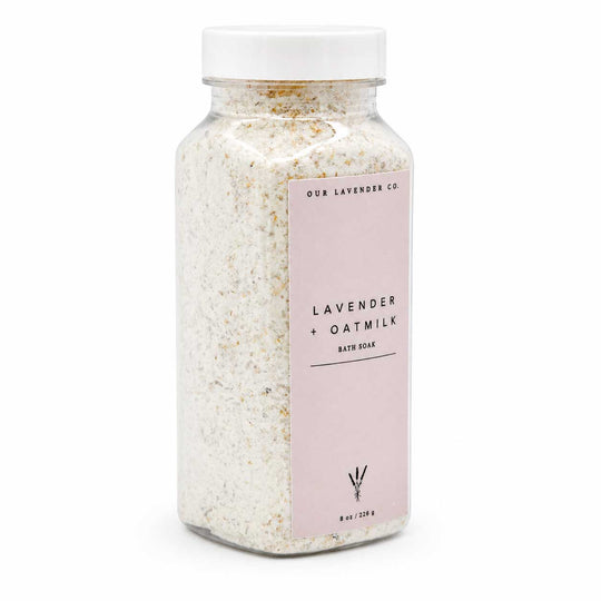 Bath soak container with lavender and oatmilk label on a white background