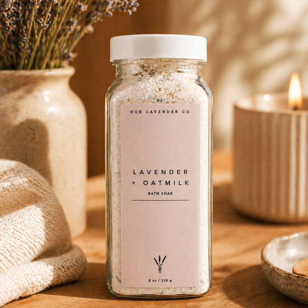 Bottle of lavender and oatmilk bath soak from Our Lavender Co. on a wooden surface with a candle and lavender flowers in the background.