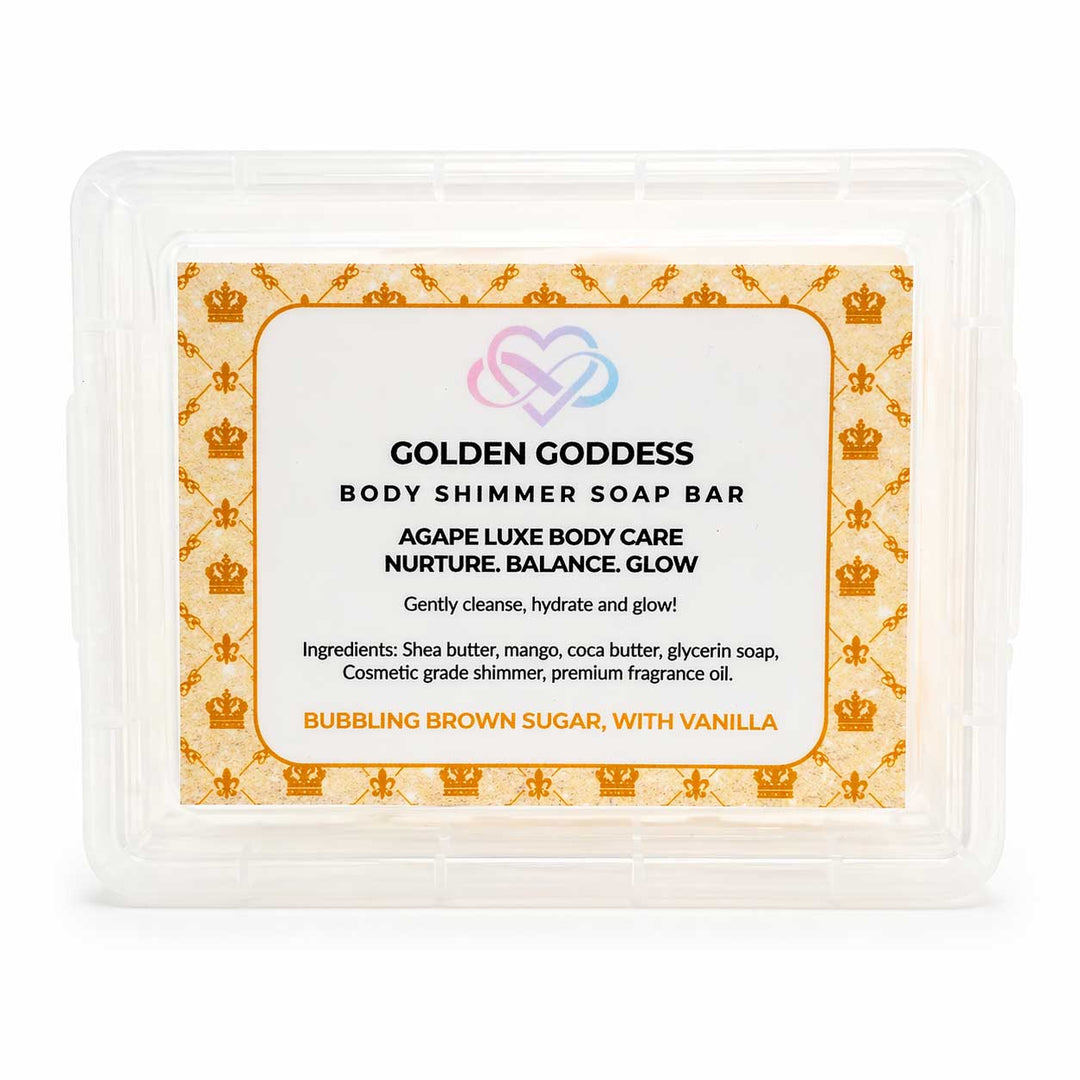Body shimmer soap bar packaging with decorative design and text on a white background