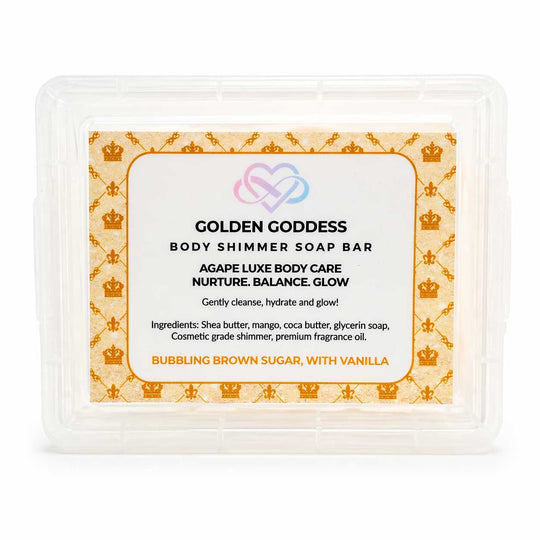 Body shimmer soap bar packaging with decorative design and text on a white background