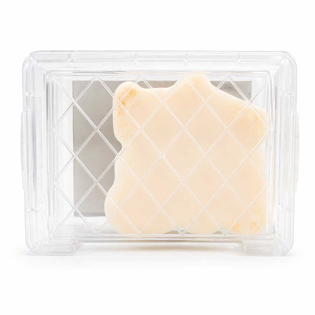Two pieces of butter in a clear plastic container on a white background