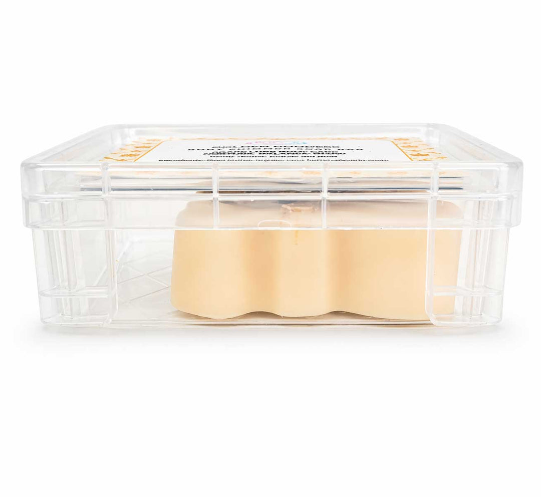 Clear container with beige squares inside on a white background