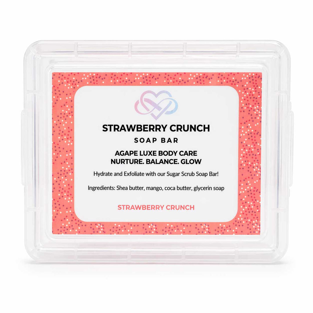 Strawberry Crunch soap bar packaging with a pink label on a white background