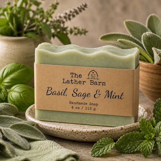 A rectangular handmade soap bar with a wavy top edge sits on a small speckled ceramic dish. The soap is pale sage green and wrapped in a kraft paper label that reads 'The Lather Barn Basil, Sage & Mint Handmade Soap 4 oz / 113 g.