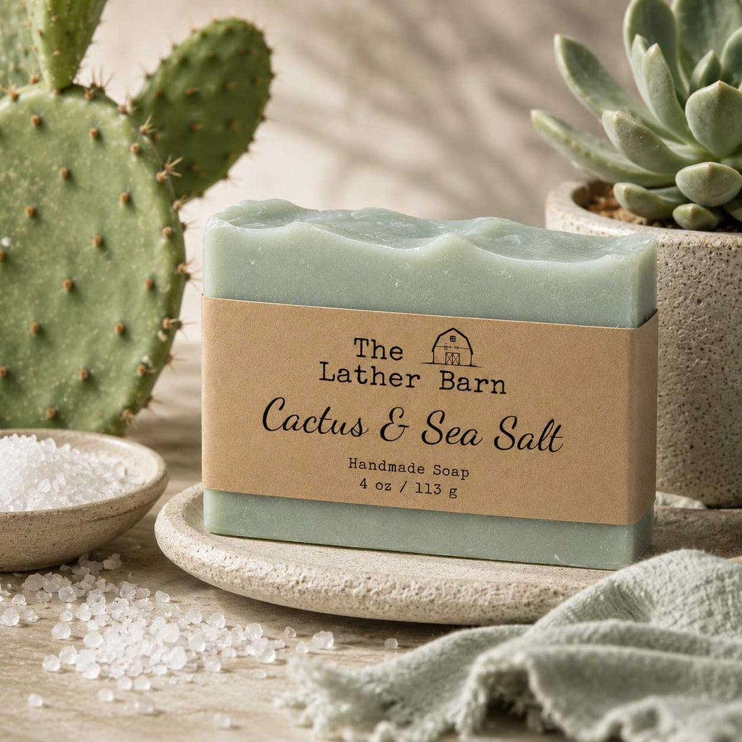 A bar of handmade soap labeled 'The Lather Barn Cactus & Sea Salt' sits on a stone dish, styled with cactus and succulent plants, coarse sea salt, and a soft fabric in a warm, rustic setting.
