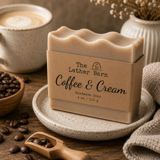 A bar of handmade soap labeled 'The Lather Barn Coffee & Cream' sits on a ceramic dish on a wooden table, styled with coffee beans, a cup of coffee, and a textured cloth.
