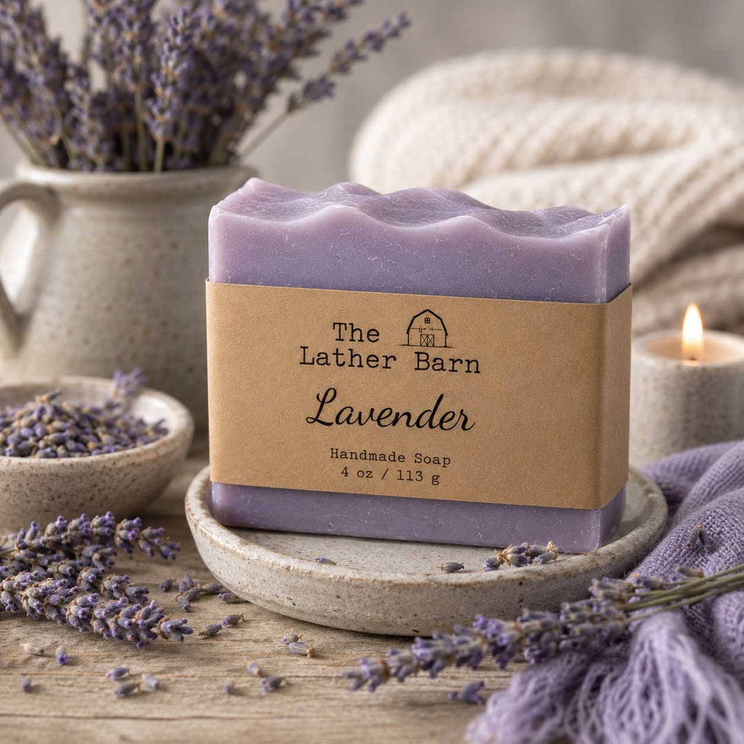Lavender handmade soap bar wrapped in a kraft paper band reading 'The Lather Barn Lavender', displayed on a ceramic dish with lavender sprigs, a candle, and a woven textile in a softly styled setting.