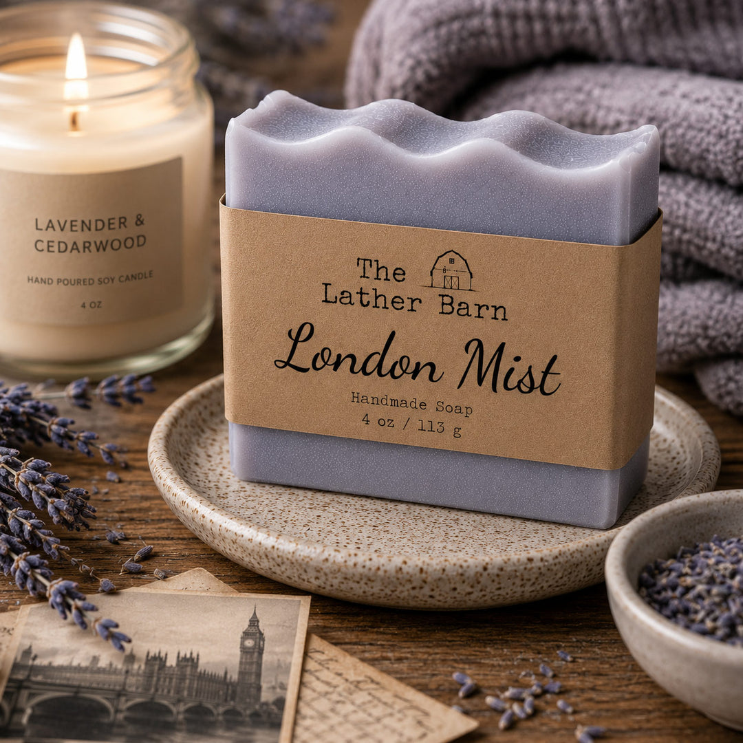 A bar of lavender soap labeled 'The Lather Barn London Mist' sits on a ceramic dish on a wooden table, styled with a lit candle, lavender sprigs, a small bowl of lavender, and a vintage-style London map card.