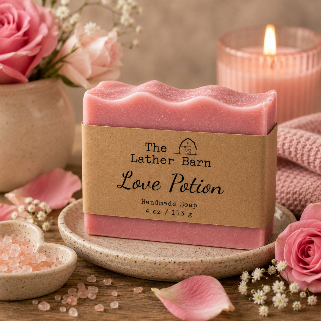 A bar of pink handmade soap labeled 'The Lather Barn Love Potion' sits on a ceramic dish, surrounded by pink roses, a lit candle, and pink bath salts in a cozy styled setting.