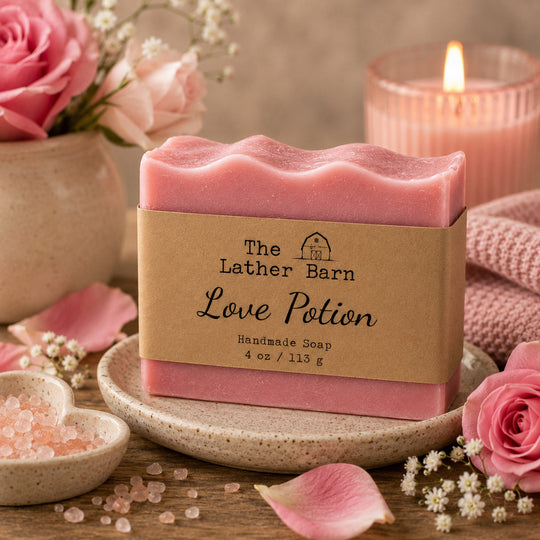 A bar of pink handmade soap labeled 'The Lather Barn Love Potion' sits on a ceramic dish, surrounded by pink roses, a lit candle, and pink bath salts in a cozy styled setting.