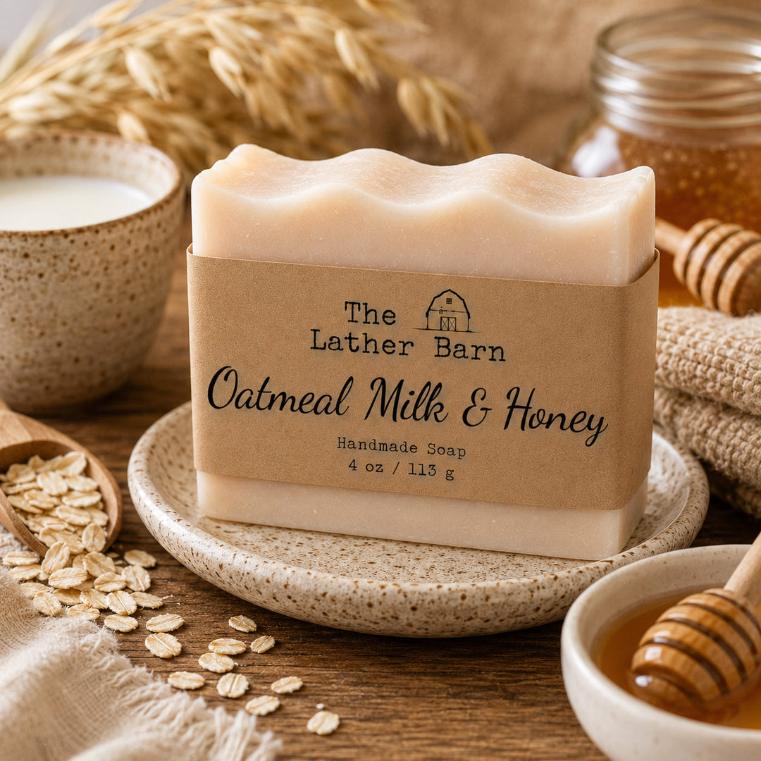 A bar of handmade soap labeled 'The Lather Barn Oatmeal Milk & Honey' sits on a ceramic dish on a wooden table, surrounded by oats, honey, and a cup of milk in a rustic styled setting.