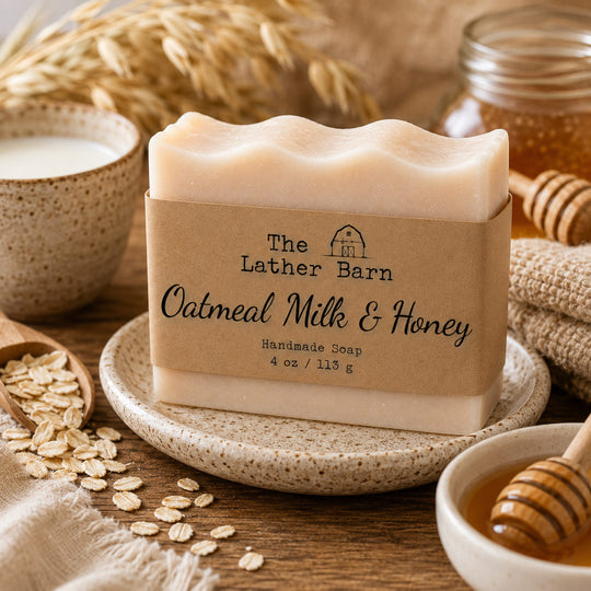 A bar of handmade soap labeled 'The Lather Barn Oatmeal Milk & Honey' sits on a ceramic dish on a wooden table, surrounded by oats, honey, and a cup of milk in a rustic styled setting.