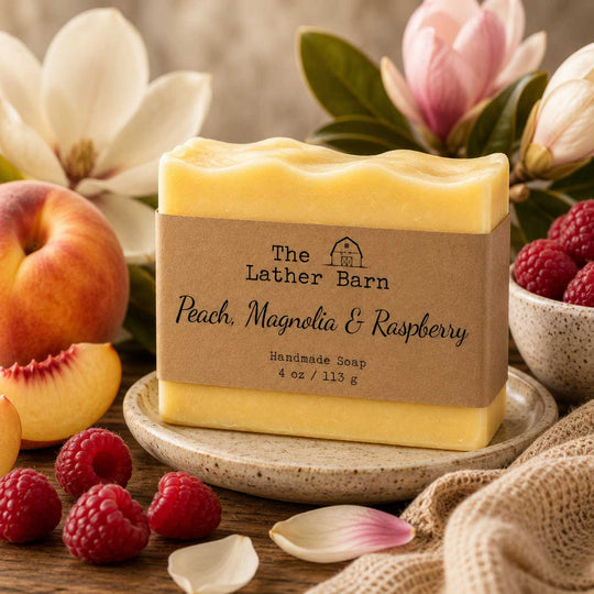 A rectangular bar of handmade soap labeled 'The Lather Barn Peach, Magnolia & Raspberry' sits on a small stone dish, surrounded by peaches, raspberries, flowers, and burlap in a styled product scene.