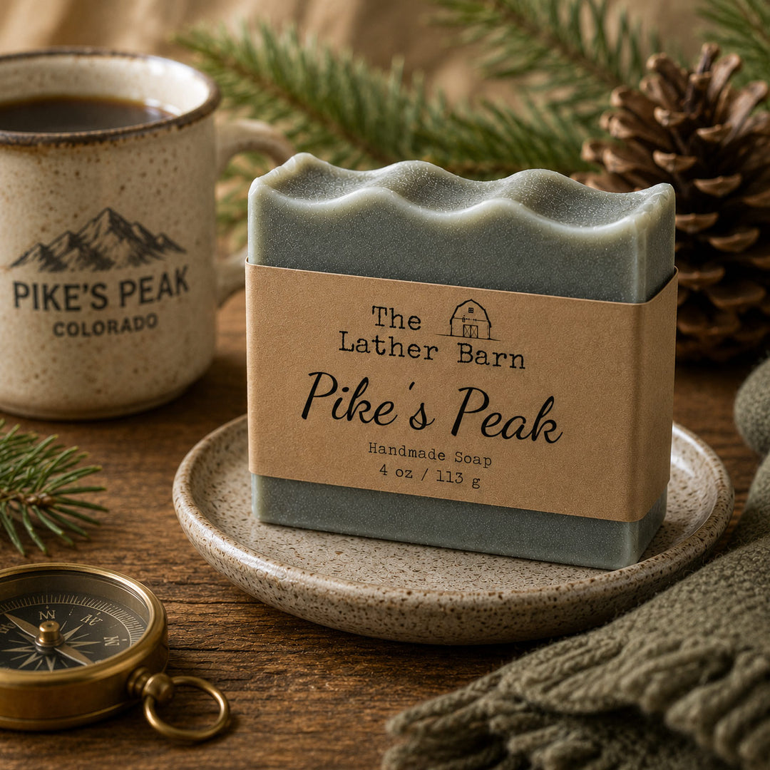A bar of handmade soap labeled 'The Lather Barn Pike's Peak' sits on a small speckled dish on a wooden table, styled with a mug, pine branches, a pinecone, and a compass.