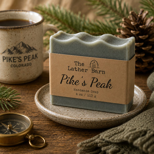 A bar of handmade soap labeled 'The Lather Barn Pike's Peak' sits on a small speckled dish on a wooden table, styled with a mug, pine branches, a pinecone, and a compass.