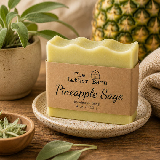 A bar of handmade soap labeled 'Pineapple Sage' by The Lather Barn, wrapped in a kraft paper band and displayed on a speckled ceramic dish. The scene is styled with a potted plant, a whole pineapple, and sage leaves on a rustic wooden table.
