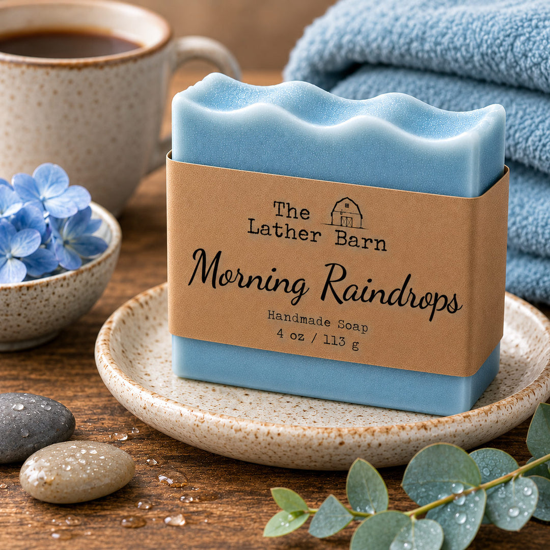 A bar of handmade soap labeled 'The Lather Barn Morning Raindrops' sits on a ceramic dish on a wooden table, styled with a coffee mug, blue flowers, stones, and a towel in the background.