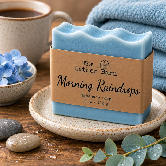 A bar of handmade soap labeled 'The Lather Barn Morning Raindrops' sits on a ceramic dish on a wooden table, styled with a coffee mug, blue flowers, stones, and a towel in the background.