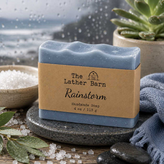 A rectangular bar of handmade soap labeled 'The Lather Barn Rainstorm Handmade Soap' sits on a stone tray. The soap has a dusty light blue-gray color with a tan paper band around the middle.