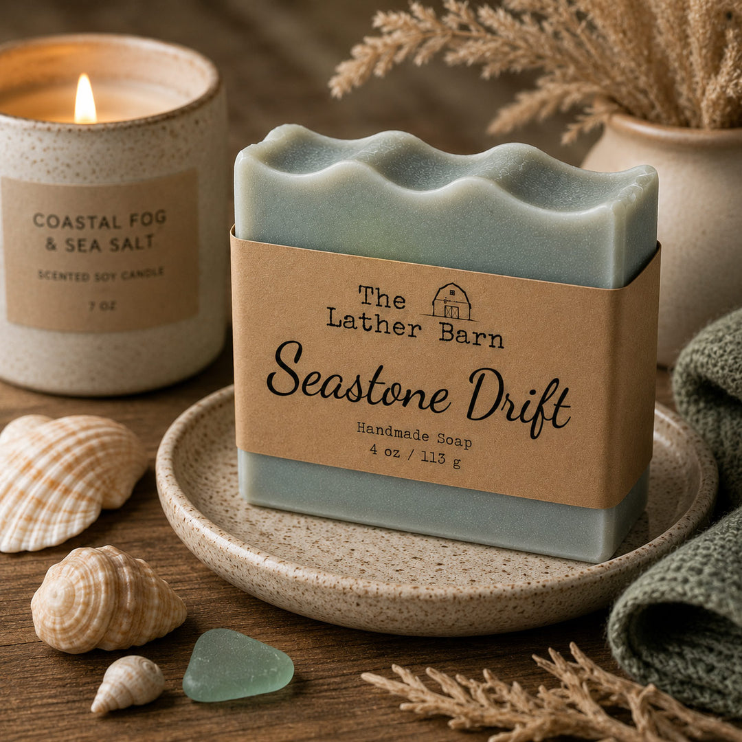 A handmade soap bar labeled 'Seastone Drift' by The Lather Barn sits on a speckled ceramic dish on a wooden surface, styled with shells, a lit candle, dried grass, and a folded green cloth.