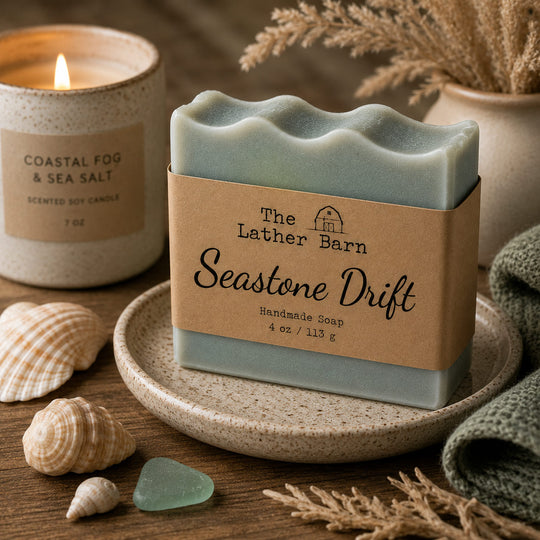 A handmade soap bar labeled 'Seastone Drift' by The Lather Barn sits on a speckled ceramic dish on a wooden surface, styled with shells, a lit candle, dried grass, and a folded green cloth.
