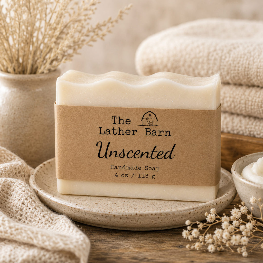 A rectangular bar of unscented handmade soap from The Lather Barn sits on a small speckled ceramic dish. The soap is off-white with a brown kraft paper label wrapped around it.