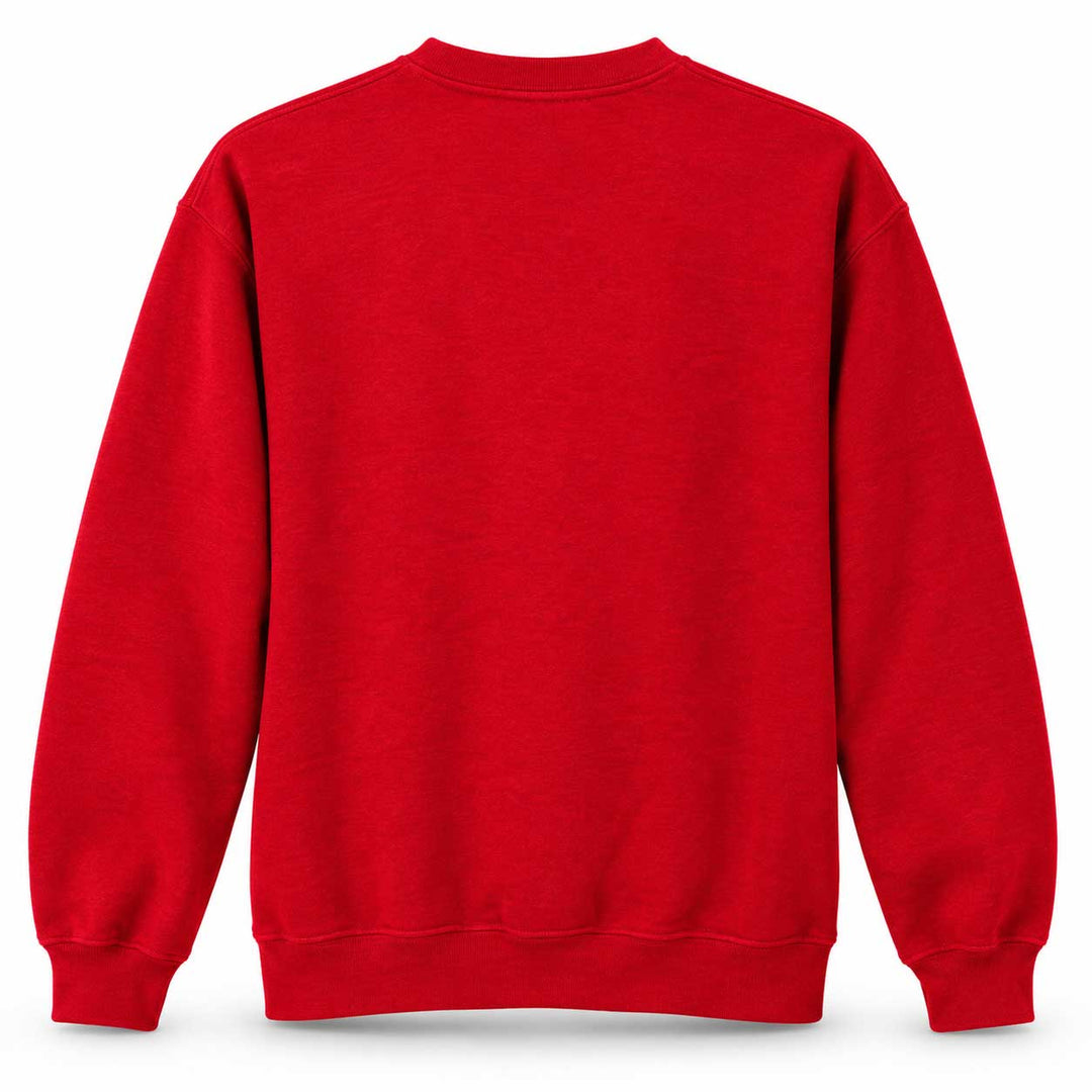 A bright red crewneck sweatshirt shown from the back, featuring a classic long-sleeve silhouette with ribbed cuffs and hem, set against a plain white background.