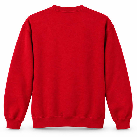 A bright red crewneck sweatshirt shown from the back, featuring a classic long-sleeve silhouette with ribbed cuffs and hem, set against a plain white background.