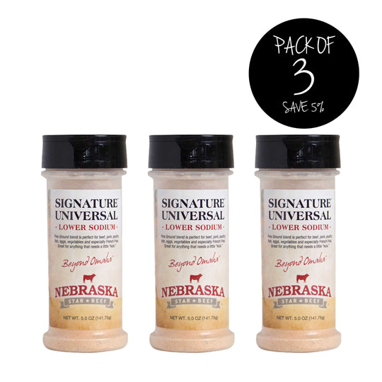 Pack of 3 | Universal Signature Low Sodium Seasoning | 5 oz. Bottle | Ultimate Steak Seasoning  | Combination Of Coarse, Finely Ground Spices | Nebraska Seasoning | Lowered Overall Sodium | Add On Any Dish For Burst Of Flavor