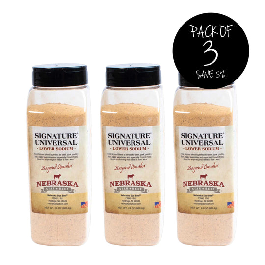 Universal Signature Lower Sodium Seasoning | Pack of 3 | 24 oz. | Legendary Steak Seasoning | Finely Ground | Lowered Sodium Levels | Unlocks Natural Flavor Of Beef | All Purpose Seasoning | Nebraska Spice