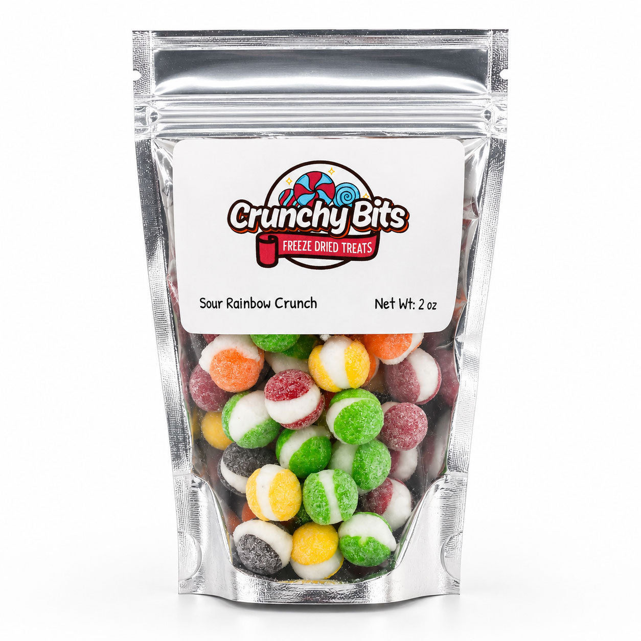 Packaged Crunchy Bits Sour Rainbow Crunch treats with colorful gummy candies on a white background