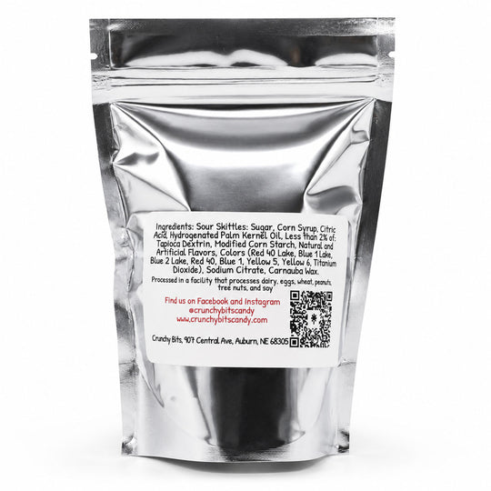 Silver packaging with a label on a white background