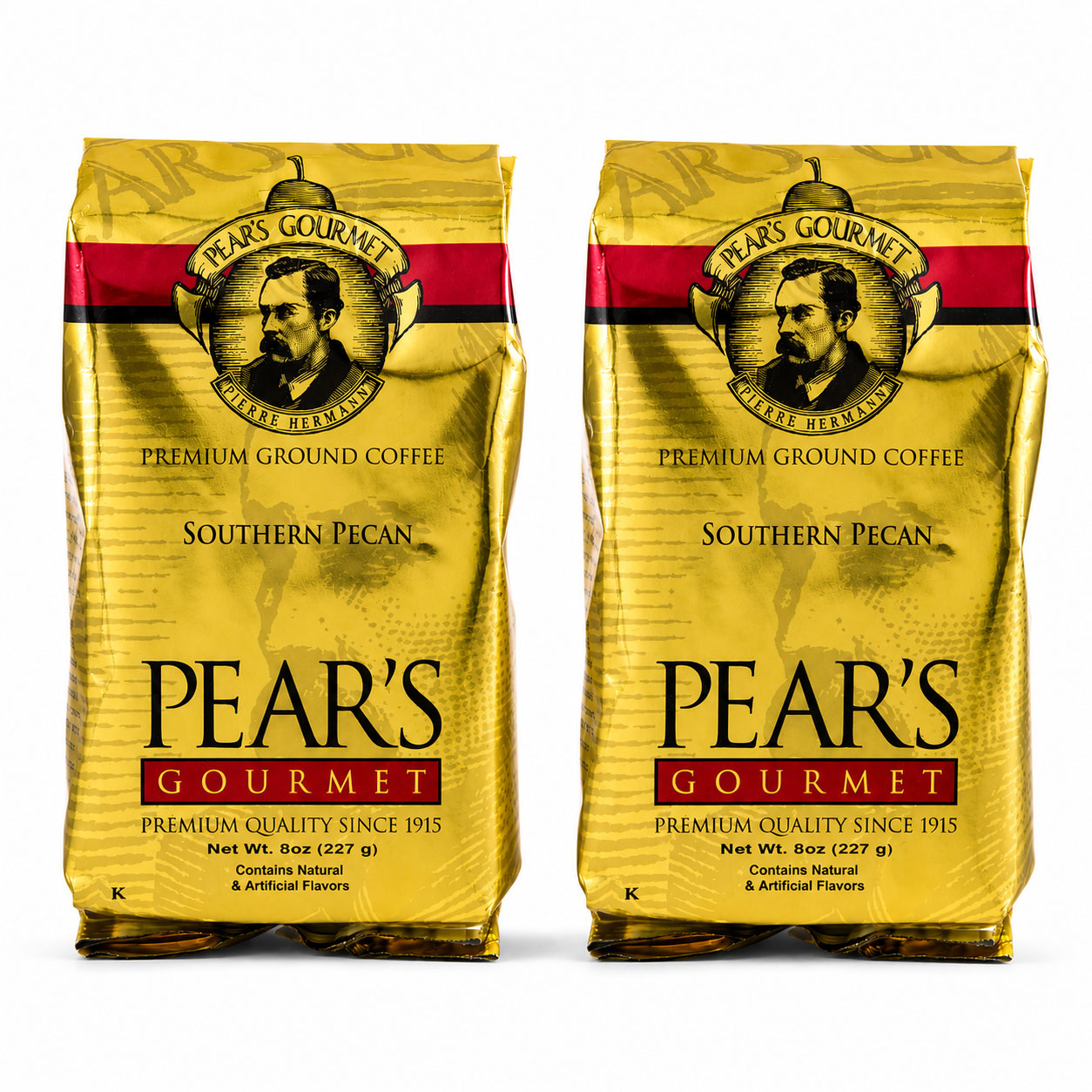 Two packages of Pear's Gourmet Premium Ground Coffee on a white background