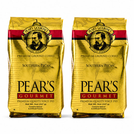 Two packages of Pear's Gourmet Premium Ground Coffee on a white background