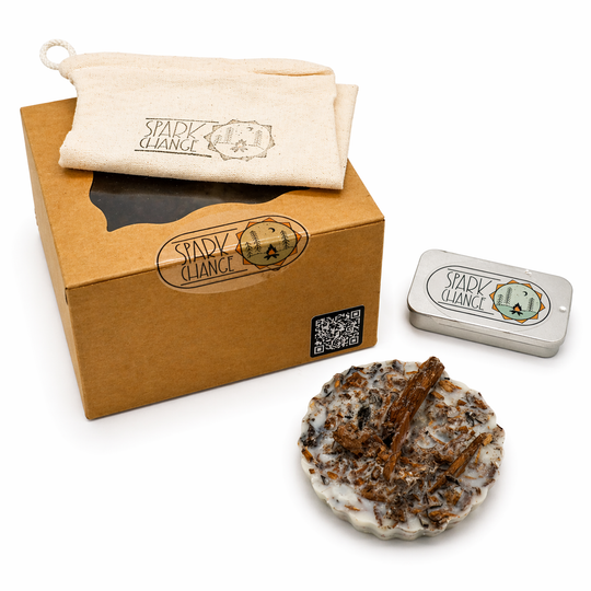 Spark Change product set including a box, tin, and natural product on a white background