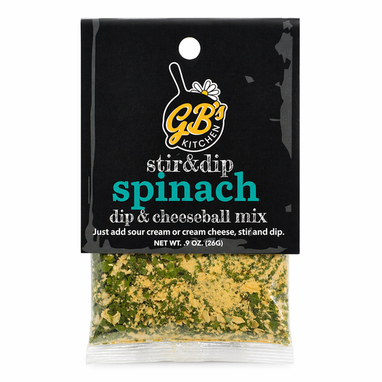 GB Kitchen spinach dip and cheeseball mix packaging on a white background