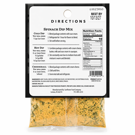 Spinach dip mix package with label on a white background