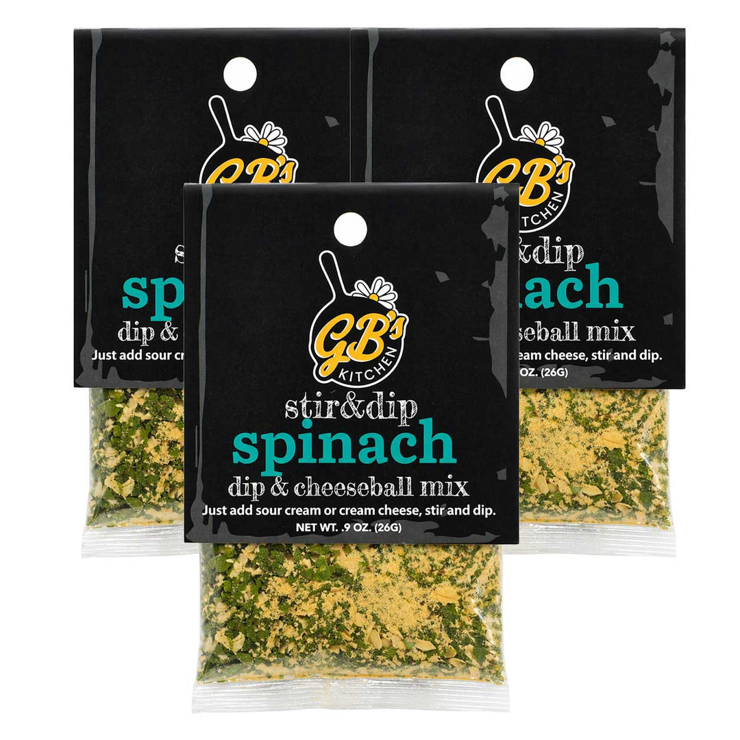 Spinach dip and cheeseball mix packages with G&B Kitchen branding.
