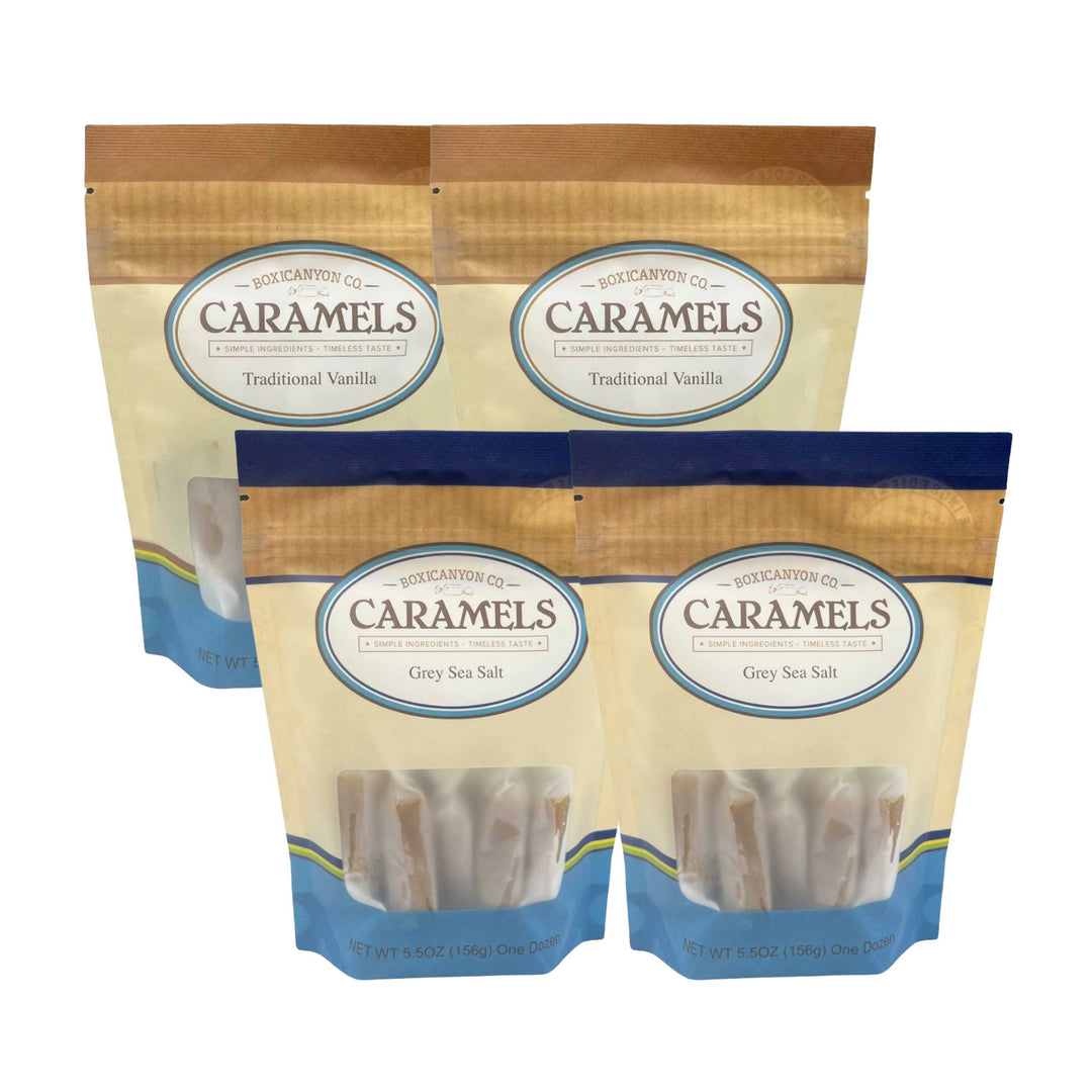 Four packages of caramels with labels on a white background