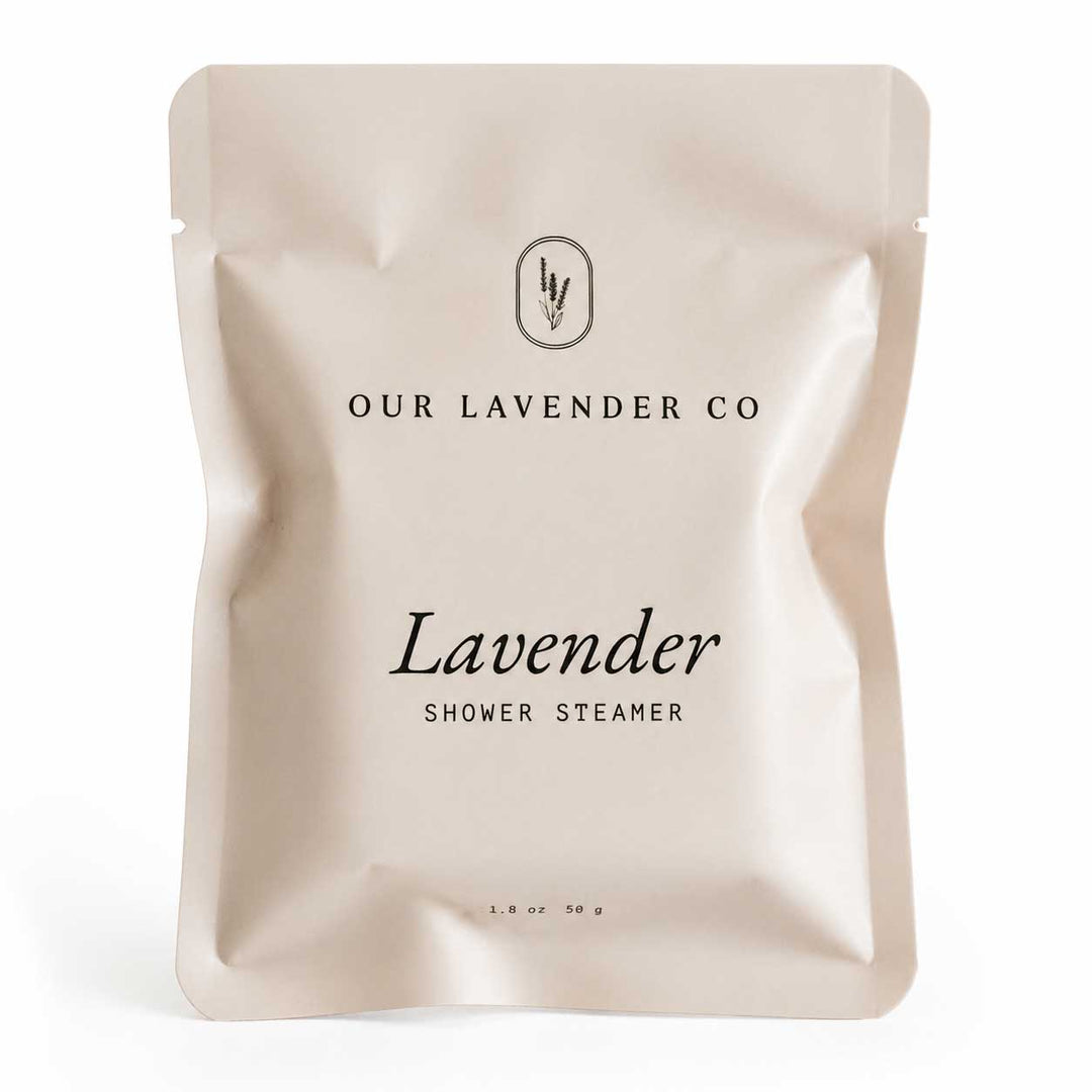 Lavender shower steamer packaging from Our Lavender Co on a white background