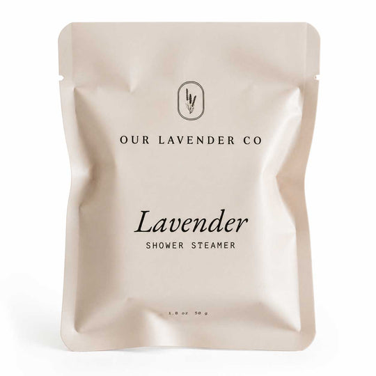 Lavender shower steamer packaging from Our Lavender Co on a white background