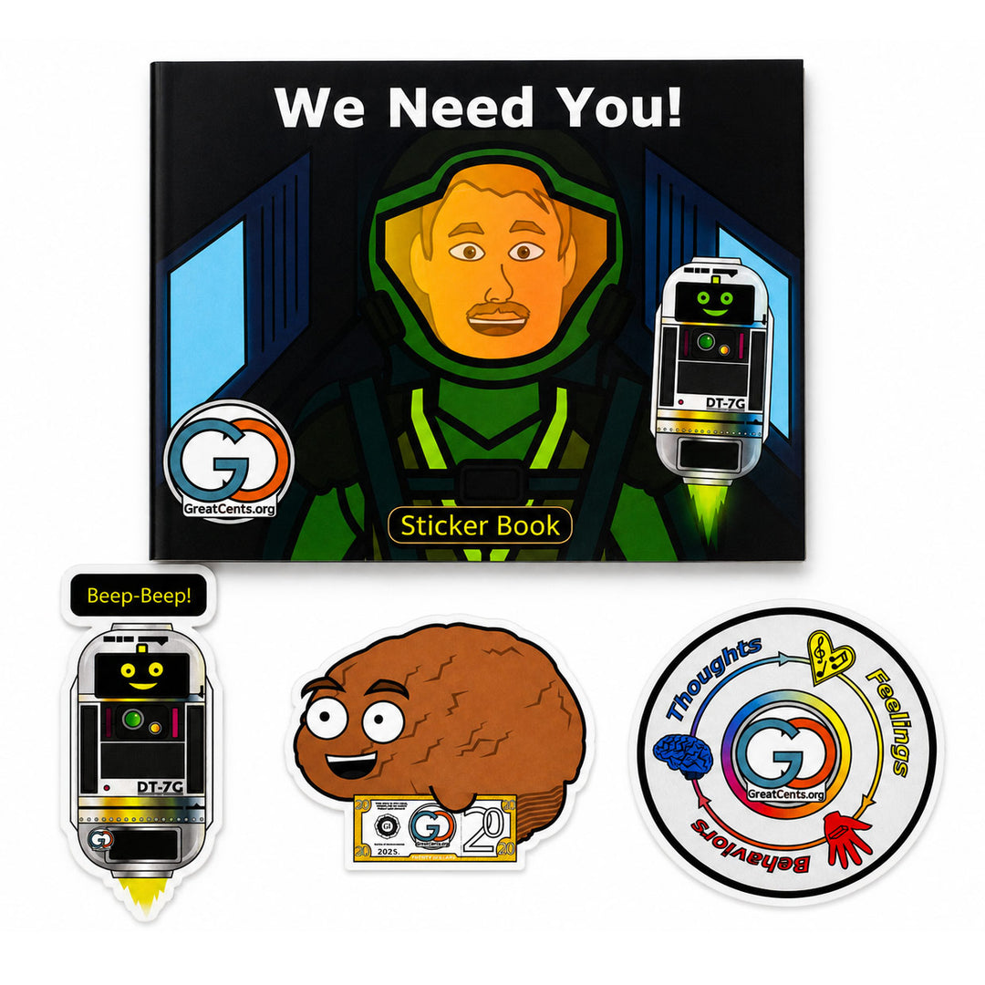 A sticker book and matching stickers featuring a cartoon character and the GreatGlee brand. The main item is a black sticker book titled 'We Need You!' with an illustrated character in green and black, alongside individual sticker designs including a robot sticker, a brown brain character with a gold ticket, and a circular multicolor badge design.