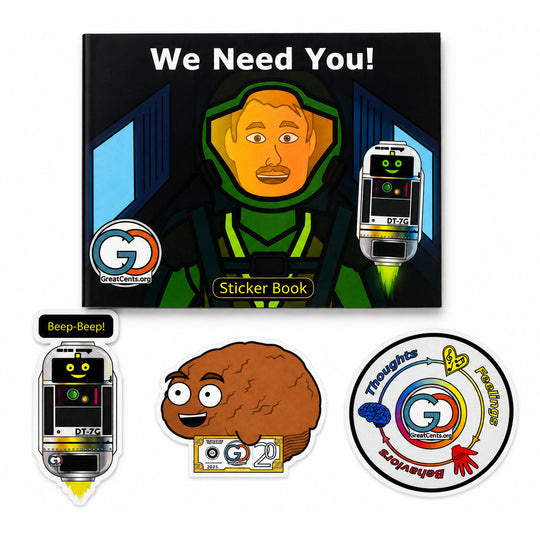 A sticker book and matching stickers featuring a cartoon character and the GreatGlee brand. The main item is a black sticker book titled 'We Need You!' with an illustrated character in green and black, alongside individual sticker designs including a robot sticker, a brown brain character with a gold ticket, and a circular multicolor badge design.