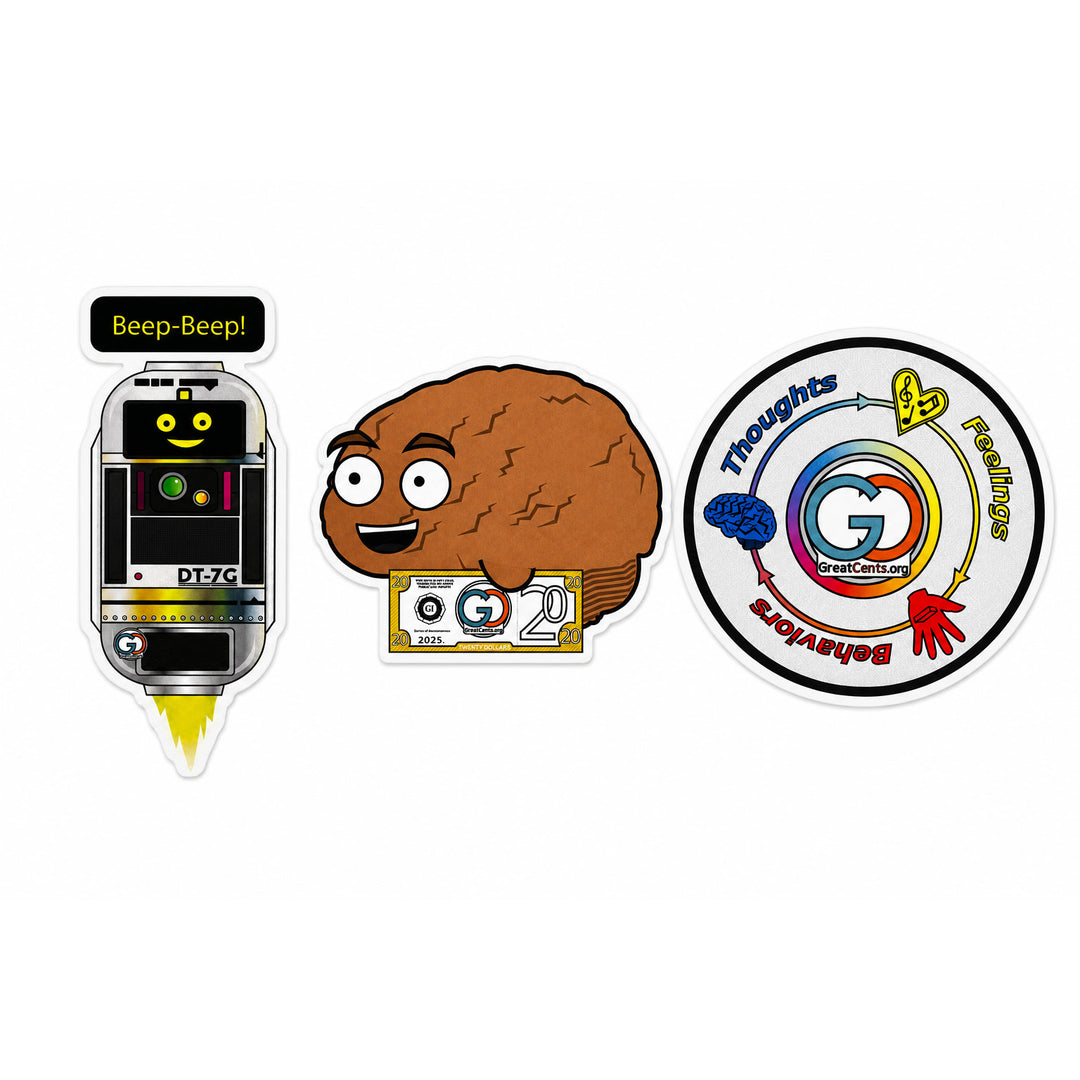 Three cartoon-style stickers on a plain white background: a silver robot face labeled 'Beep-Beep!', a brown brain character with a gold ticket, and a circular multicolor brain-themed sticker with the word 'Thoughts' and a large 'G'.