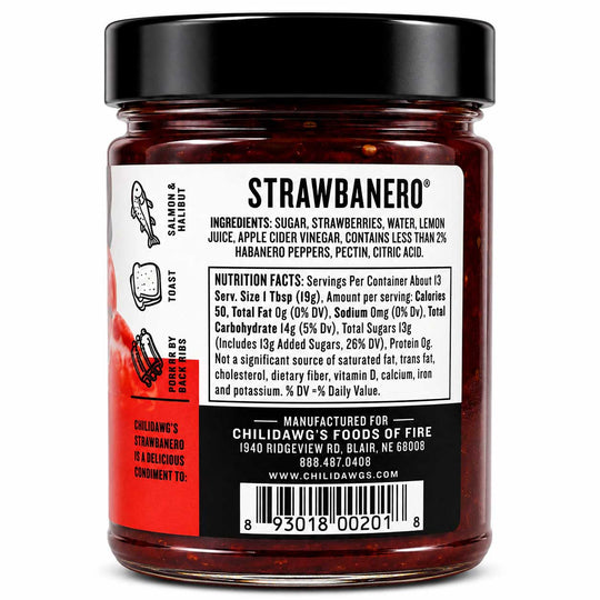 A bottle of Childawg's Strawberry & Relish seasoning with a black cap and a white and red back label showing nutrition facts and ingredients.