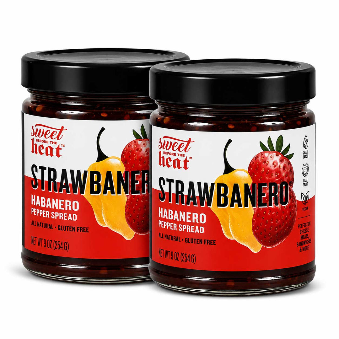 Two glass jars of Sweetener Licent Strawberry Habanero Pepper Spread with black lids, displayed on a clean white background.