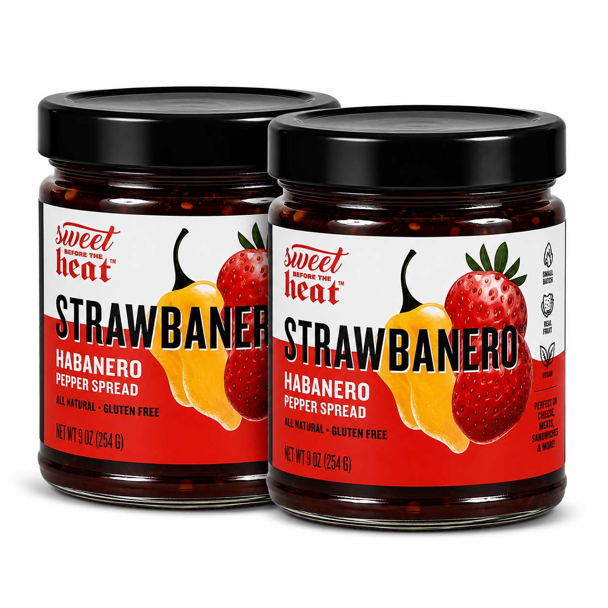 Two glass jars of Sweetener Licent Strawberry Habanero Pepper Spread with black lids, displayed on a clean white background.