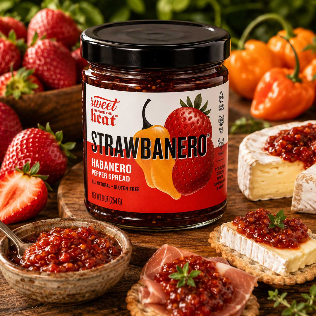 A jar of Sweet Heat Strawberry Habanero Pepper Spread is shown on a wooden board with strawberries, cheese, crackers, and a bowl of the spread, creating a styled food presentation.
