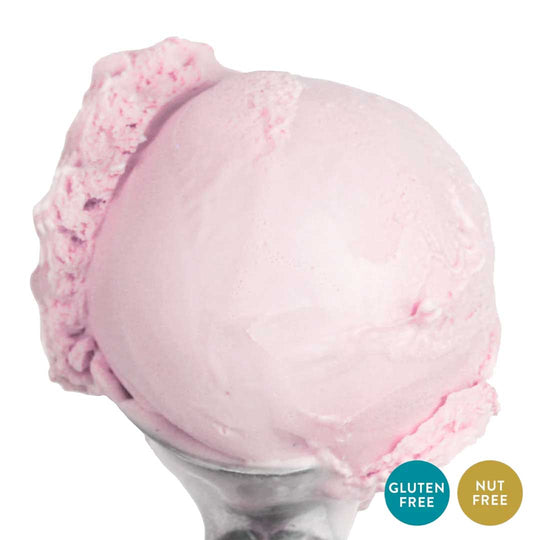 Pink ice cream scoop on a white background with 'Gluten Free' and 'Nut Free' labels.